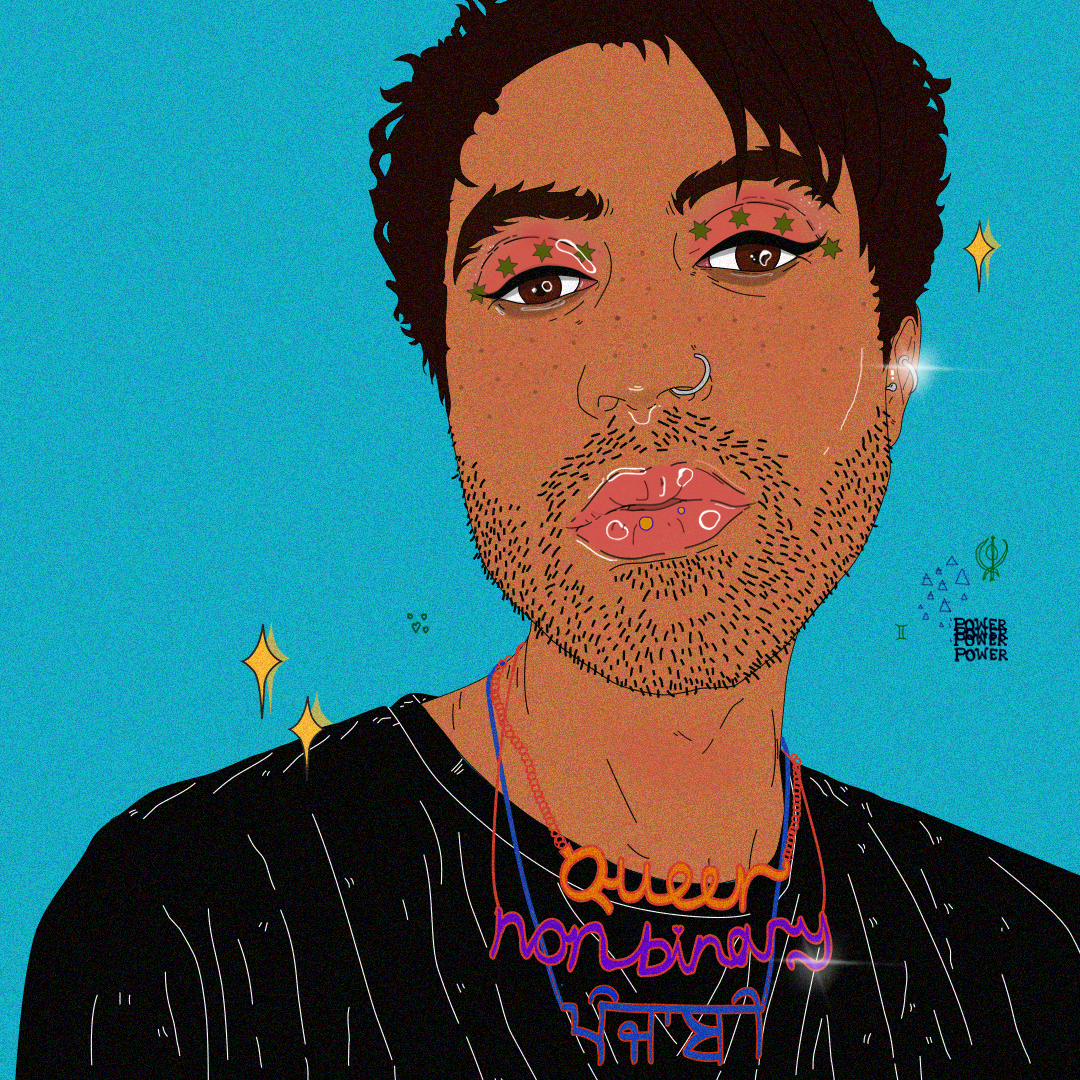 - Self Portrait -A self portrait, drawing myself has power; I decide the way in which my body identifies with my gender identity. I wear my identities with pride around my neck. Queer, Non-binary, Punjabi.